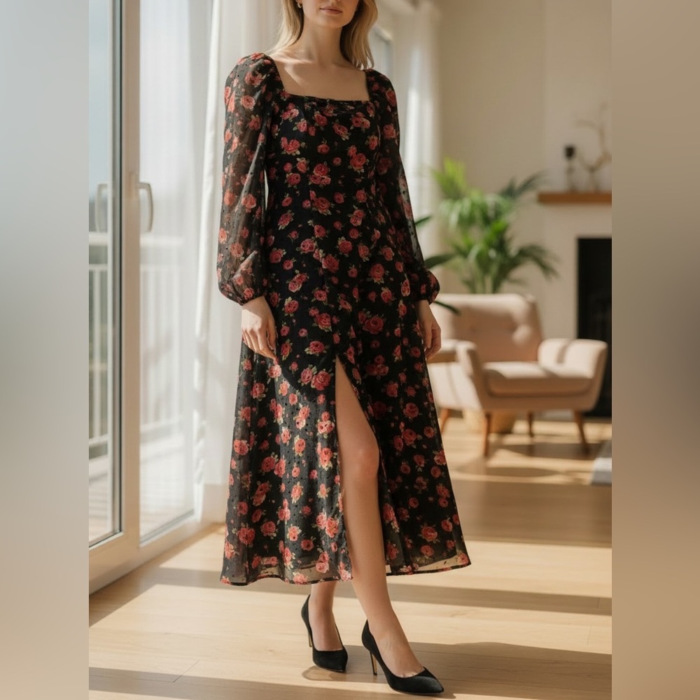 Francesca's Long Sleeve Off the shoulder Black Midi Dress